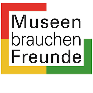 Logo mit dem Schriftzug Museen brauchen Freunde in schwarzer Schrift, umrahmt von farbigen Ecken: rot oben links, gelb unten links und grün unten rechts.