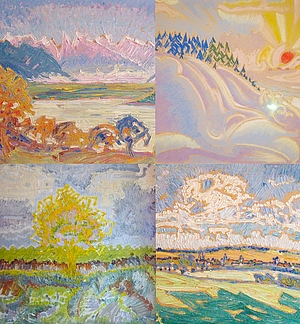 Vier quadratische impressionistische Landschaftsgemälde in einem Raster: oben links Alpen mit See und bunten Uferbäumen, oben rechts verschneiter Hügel mit Sonne und Tannen, unten links einzelner leuchtend gelbgrüner Baum in Feld, unten rechts weite Felder, Dorf und dramatischer Wolkenhimmel.