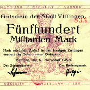 Gutschein der Stadt Villingen über Fünfhundert Milliarden Mark, gedruckter Notgeldschein mit Datum 6. November 1923, Ausdruck der Hyperinflationszeit