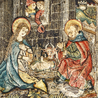 Krippenszene in mittelalterlicher Darstellung: Maria und Josef mit goldenen Heiligenscheiben knien neben dem neugeborenen Jesus in der Krippe; Engel und Hirten im Hintergrund, reich verzierte, farbige Ornamentik.