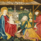 Mittelalterliche Darstellung: Maria mit dem Jesuskind auf dem Schoß, ein knieender König überreicht eine Gabe, zwei weitere Figuren (Josef und ein weiterer König) im Hintergrund, leuchtender Stern über der Krippe.