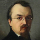 Ölgemälde eines männlichen Brustbilds: ernster Mann mit Brille, Schnurrbart und Spitzbart, dunklem Anzug und gepflegtem Haar vor ruhigem dunklem Hintergrund.
