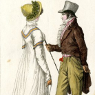 Illustration eines Paares in historischer Mode: Frau im weißen Empirekleid mit Haube, Mann im braunen Gehrock, Zylinder und Handschuhen, sie halten sich an der Hand.