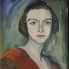 Gemälde eines Frauenporträts, Schulteransicht, dunkles kurzes Haar, blasses Gesicht, ruhiger, leicht ernster Blick, roter Schulterumhang und weißer Kragen vor grünlich-grauem, expressiv gemaltem Hintergrund