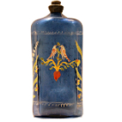 Blaue, glasierte zylindrische Keramikflasche mit kurzem Hals und Stopfen, handbemalte gelb-orangefarbene Herz- und floralartige Ornamentik