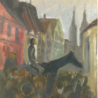 Impressionistisches Gemälde einer Menschenmenge in einer engen Straße, im Vordergrund ein Reiter auf einem Pferd, im Hintergrund zwei Kirchtürme, links mehrfarbige Häuser.