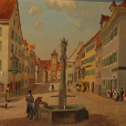 Historische Marktplatzszene mit zentralem steinernen Brunnen und hoher Säule mit Statue, umgeben von bunten Giebelhäusern und Kirchturm; Passanten und Kutsche auf gepflastertem Platz.