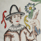 Bemalte Figur in historischer Tracht: Person mit breitkrempigem Hut und roter Schleife, Rüschenkragen, hält einen Stab; rechts eine stilisierte Blüte
