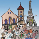 Karikaturhafte Menschenmenge mit vielfältigen, fröhlichen Figuren vor stilisierten historischen Gebäuden, darunter eine Kirche, ein Turm und eine Eiffelturm-Nachbildung
