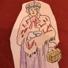 Handgezeichnete Darstellung einer heiligen Frau mit Krone in rosa Mantel, die ein Kind im Arm hält; neben ihr ein Korb mit Brot.
