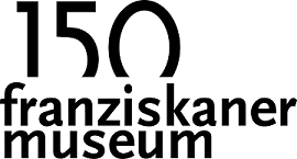 Schwarzes Jubiläumslogo: große Zahl 150 über dem Schriftzug franziskaner museum in kleingeschriebener serifenloser Schrift