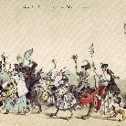 Historische Zeichnung: Gruppe von Reitern und Fußgängern in zeitgenössischer Kleidung mit Fahnen und Musikern, lebhafte Parade‑Szene