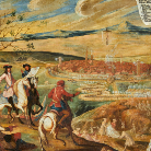 Drei Reiter auf Pferden im Vordergrund blicken auf eine ummauerte Stadt mit Türmen an einem Fluss; im Hintergrund Hügel und ein bewölkter Himmel.