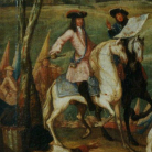 Gemälde zweier historisch gekleideter Reiter auf einem weißen und einem dunklen Pferd, vor bewaldetem Hintergrund, in Bewegung; lebhafte, detailreiche Malweise.