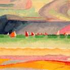 Aquarellierte, abstrahierte Landschaft: bunte, gestaffelte Felder in Gelb, Orange und Rosa; eine grüne Wiesenlinie mit kleinen roten, spitz zulaufenden Häusern; dahinter sanfte rosa- und blaugraue Hügel und ein pastellfarbener Himmel.