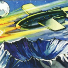 Szenische Illustration eines retro-futuristischen Raumschiffs mit Flügeln und Feuerschweif, das über schroffen, schneebedeckten Berggipfeln fliegt; im Hintergrund heller Planet und bunter Himmel