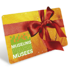 Geschenkkarte in Gelb-Orange mit großem rotem Schleifenband und dem Aufdruck MUSEUMS / MUSÉES