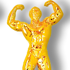 Glänzende goldfarbene Skulptur eines muskulösen, nackten männlichen Körpers in Pose mit erhobenen, angewinkelten Armen und angespannten Bizepsen