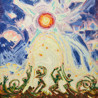 Oben strahlende Sonne mit sternförmigen Lichtstrahlen, darunter eine aufsteigende weiße Lichtgestalt oder Gewand vor blauem Himmel; unten grüne spiralförmige Pflanzen mit orangefarbenen Blüten oder Früchten.