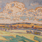Landschaftsgemälde: weite, gemähte Felder im Vordergrund, dahinter sanfte Hügel mit einem kleinen Dorf und sichtbarem Kirchturm, dynamische Pinselstriche und lebhafte, pastellige Farben, hoher, dramatisch gemalter Wolkenhimmel.