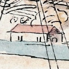 Aquarellskizze eines kleinen Hauses mit rotem Satteldach am Ufer, davor blaues Wasser und skizzenhafte Bäume