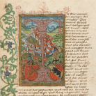 Illuminierte Handschriftseite mit Miniatur einer mittelalterlichen Stadt auf einem Hügel, roten Ziegeldächern, umgeben von Fluss, Feldern und Bergen; dekorativer floraler Rand und Textspalte rechts