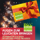 Werbebild: Geschenkpaket mit roter Schleife und grünem Museums‑Pass; Text: Augen zum Leuchten bringen – Schenken Sie den Museums‑Pass