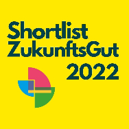 Gelber Hintergrund mit blauem Schriftzug Shortlist ZukunftsGut 2022 und rundem mehrfarbigem Logo aus roten, blauen, grünen und gelben Segmenten.