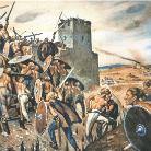 Historische Darstellung einer Belagerung: bewaffnete Krieger mit Schilden und Speeren stürmen eine Stadtmauer mit Turm, im Vordergrund Trümmer und Verwundete, im Hintergrund offene Landschaft.