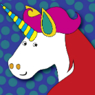 Stilisierte, bunte Einhornillustration im Profil mit regenbogenfarbenem Horn, pinker Mähne und rotem Hals vor blauem Hintergrund mit grünen Punkten